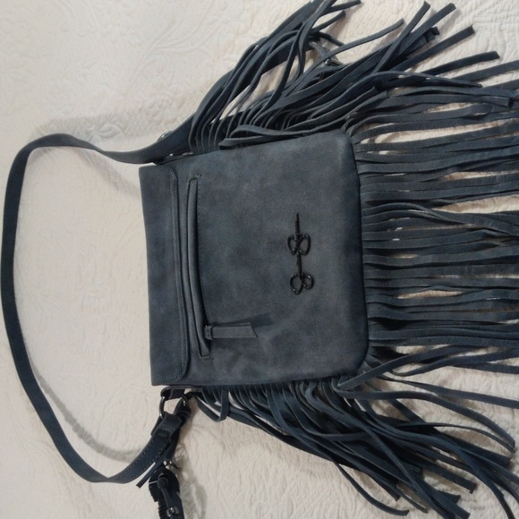 Jessica Simpson Blue Gray Leather Fringed  And Studded Crossbody Handbag Purse - Picture 9 of 14